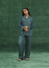 LaRosa Summer Slumber Green solid cotton nightwear set with button-down shirt and straight trousers.